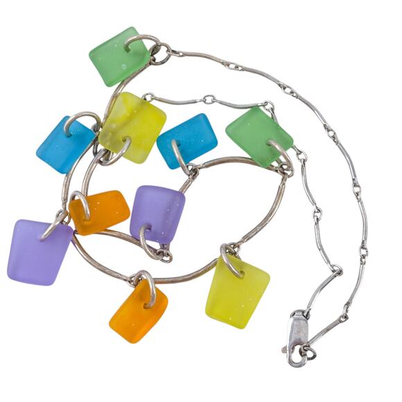 Colorful Glass Necklace | Sterling Silver 925 Tumbled Charm 15.5” - Picture 3 of 10